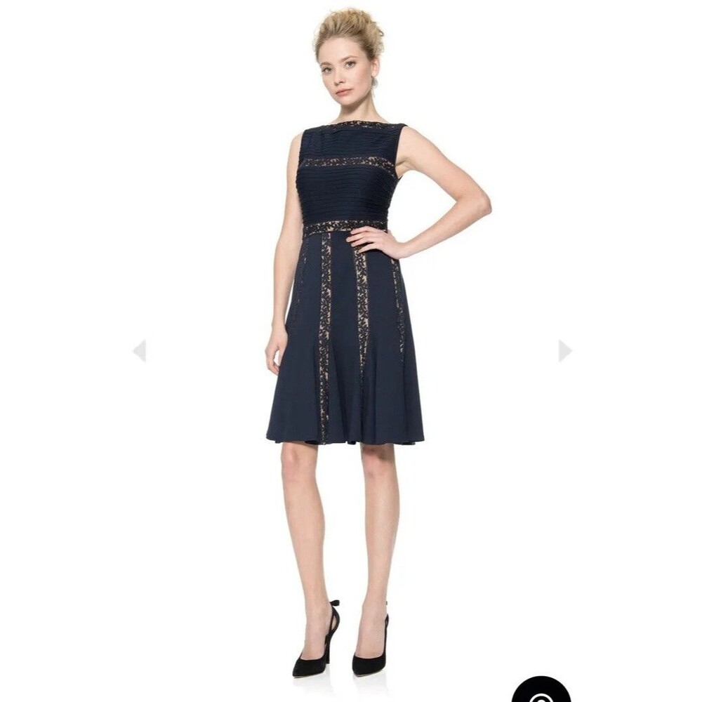 Tadashi Shoji Sz S Pintuck Knit Lace Fit and Flare Dress in Navy/Nude Evening